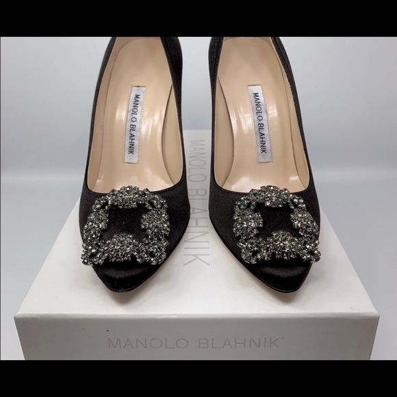 MANOLO BLAHNIK Bejeweled Blk Satin Stiletto Pumps - Picture 5 of 13